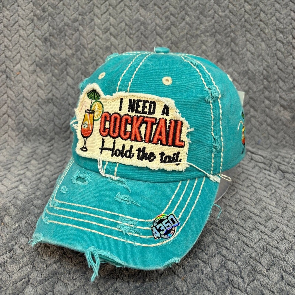 4350 District Teal I Need A Cocktail Distressed Baseball Cap Hat New